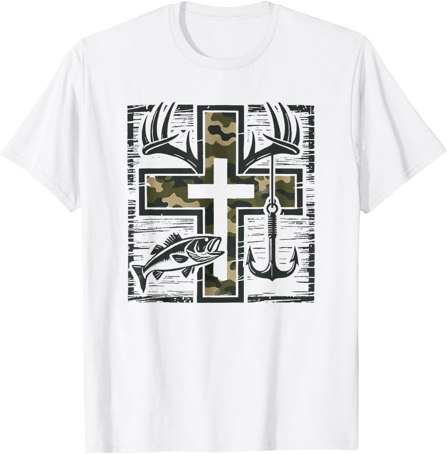 Jesus Camo Cross Shirt With Fish Christian Gift T-Shirt - T-Shirt | White