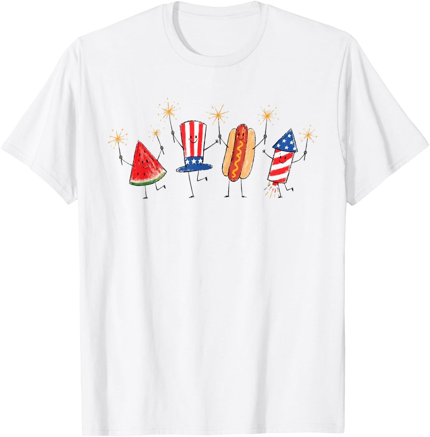 Cute Patriotic Doodle Watermelon Hotdog Firework 4th of July T-Shirt - T-Shirt | White