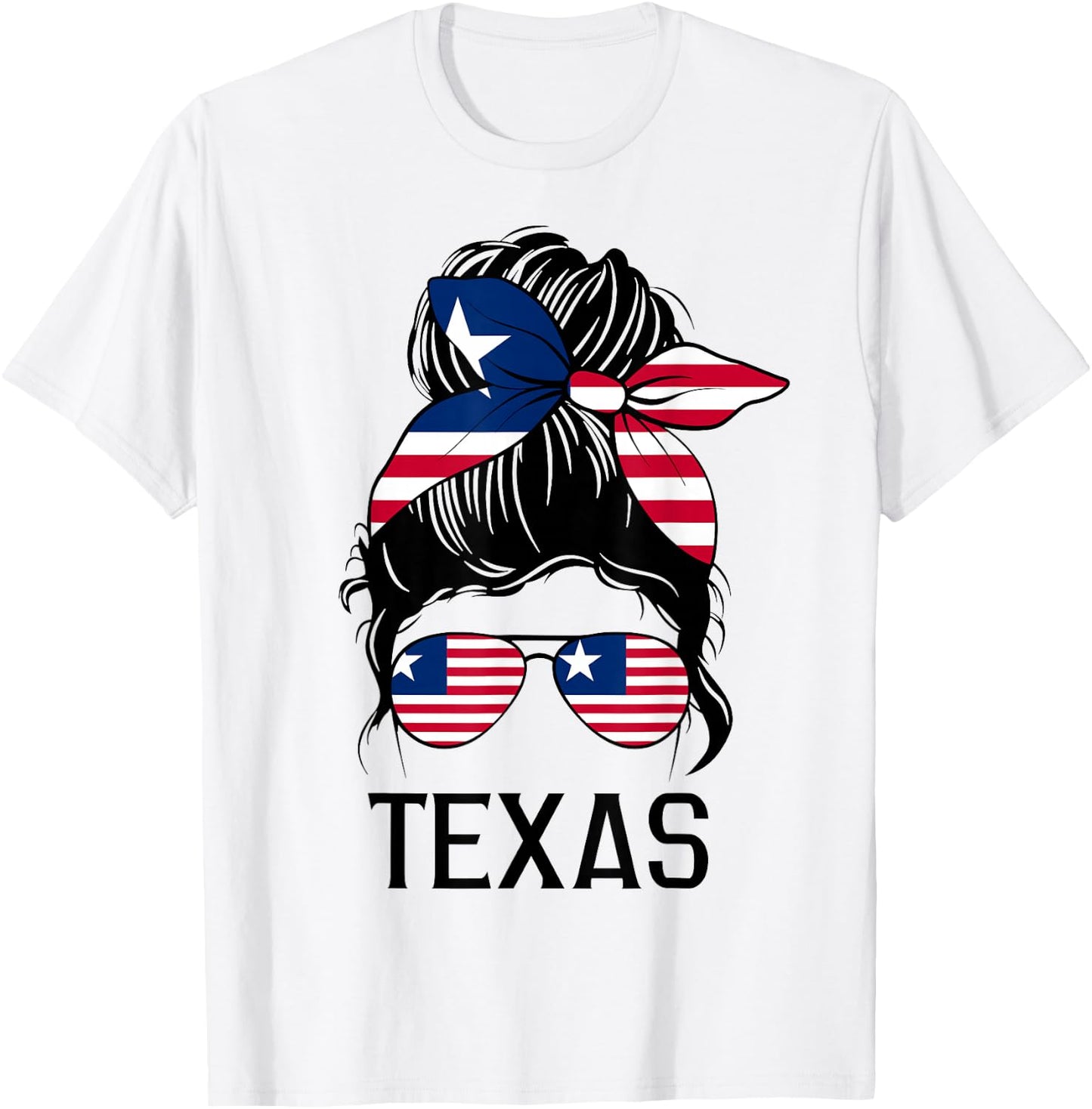 Messy Bun Texas State Flag Sunglasses Women Girls T-Shirt - T-Shirt | White