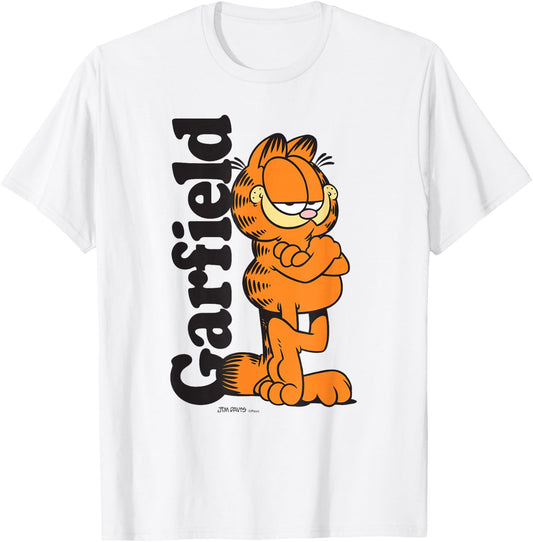Garfield Leaning Against Logo Cartoon Cat T-Shirt - T-Shirt | White