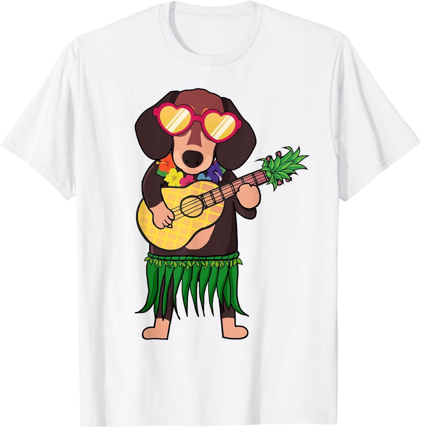 Dachshund Hawaiian Costume Playing Ukulele Summer Shirt Women Kids T-Shirt - T-Shirt | White