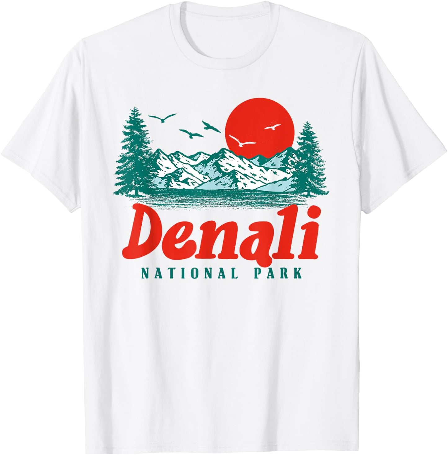 Retro Denali National Park Mountain Trees & Sun Graphic T-Shirt - T-Shirt | White