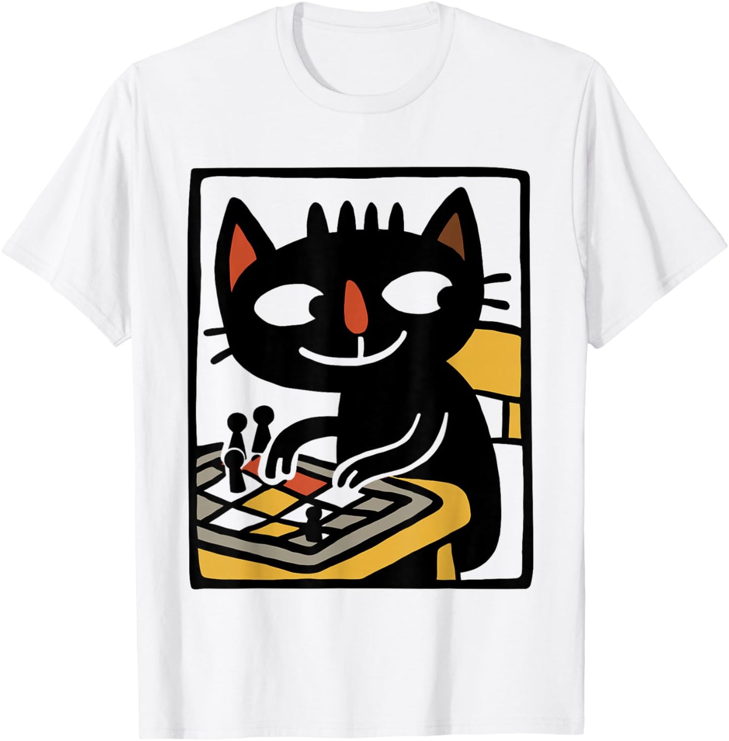 Black Cat Playing Board Game Illustration Funny Game Night T-Shirt - T-Shirt | White