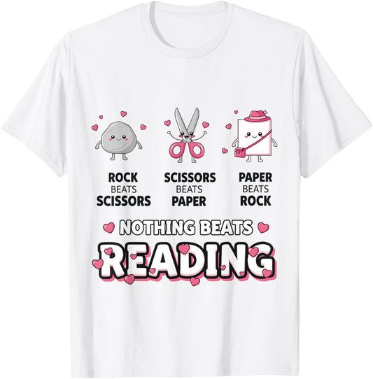 Nothing Beats Reading Rock Paper Scissors Funny Book Lover T-Shirt - T-Shirt | White