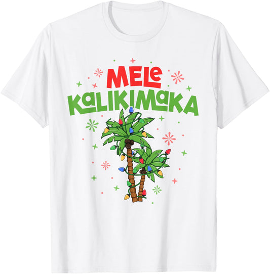 Mele Kalikimaka Hawaiian Christmas Palm Tree Lights Xmas T-Shirt - T-Shirt | White