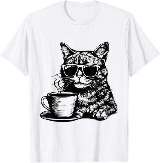 Cat Drinking Coffee | Fun and Quirky Feline Art Design T-Shirt - T-Shirt | White