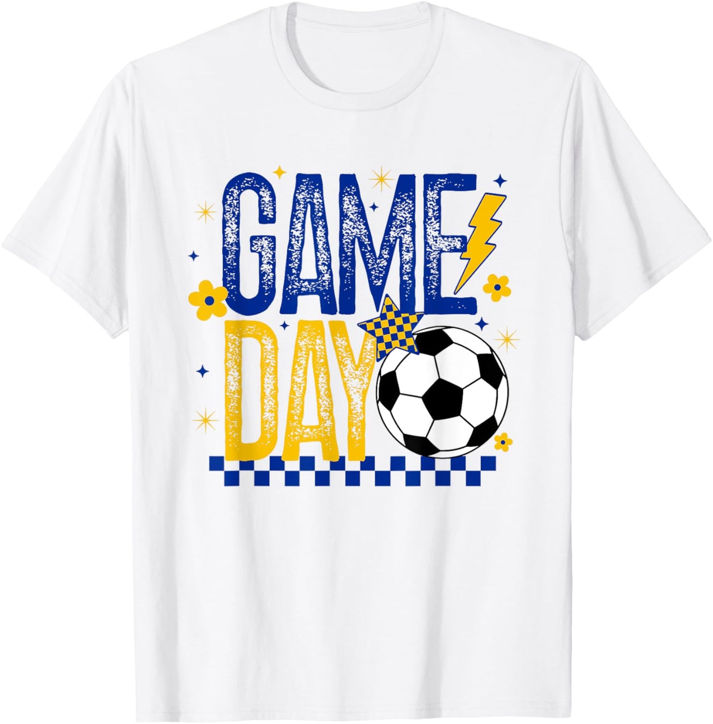 Game Day Soccer Season Retro Blue Gold Checkered Lightning T-Shirt - T-Shirt | White