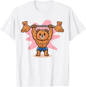 Funny Cute Teddy Bear Animal Lifting Weights Gym Workout T-Shirt - T-Shirt | White