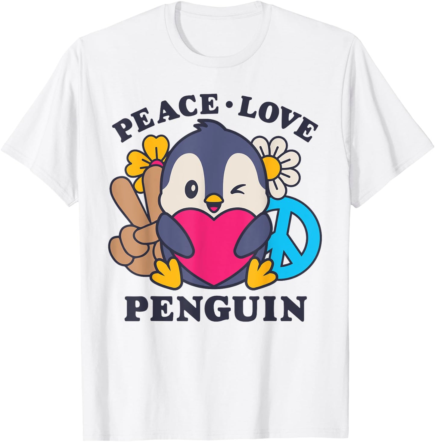 Peace Love Penguin Lovers Men Women Cute Bird Flowers Floral T-Shirt - T-Shirt | White