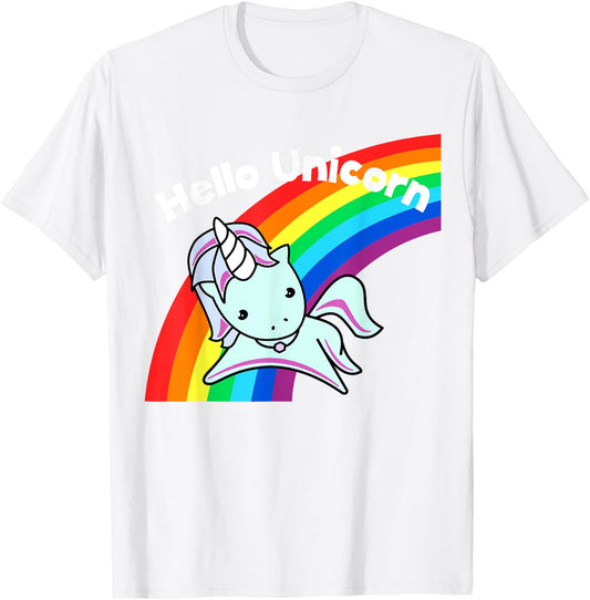 Pink Hello Unicorn Rainbow T-Shirt - T-Shirt | White