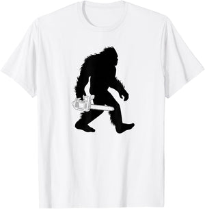 Bigfoot Carrying Chainsaw , Lumberjack Sasquatch T-Shirt - T-Shirt | White