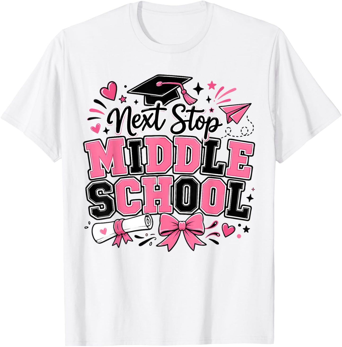 Next Stop Middle School 5th Grade Graduation Pink Bow Girl T-Shirt - T-Shirt | White