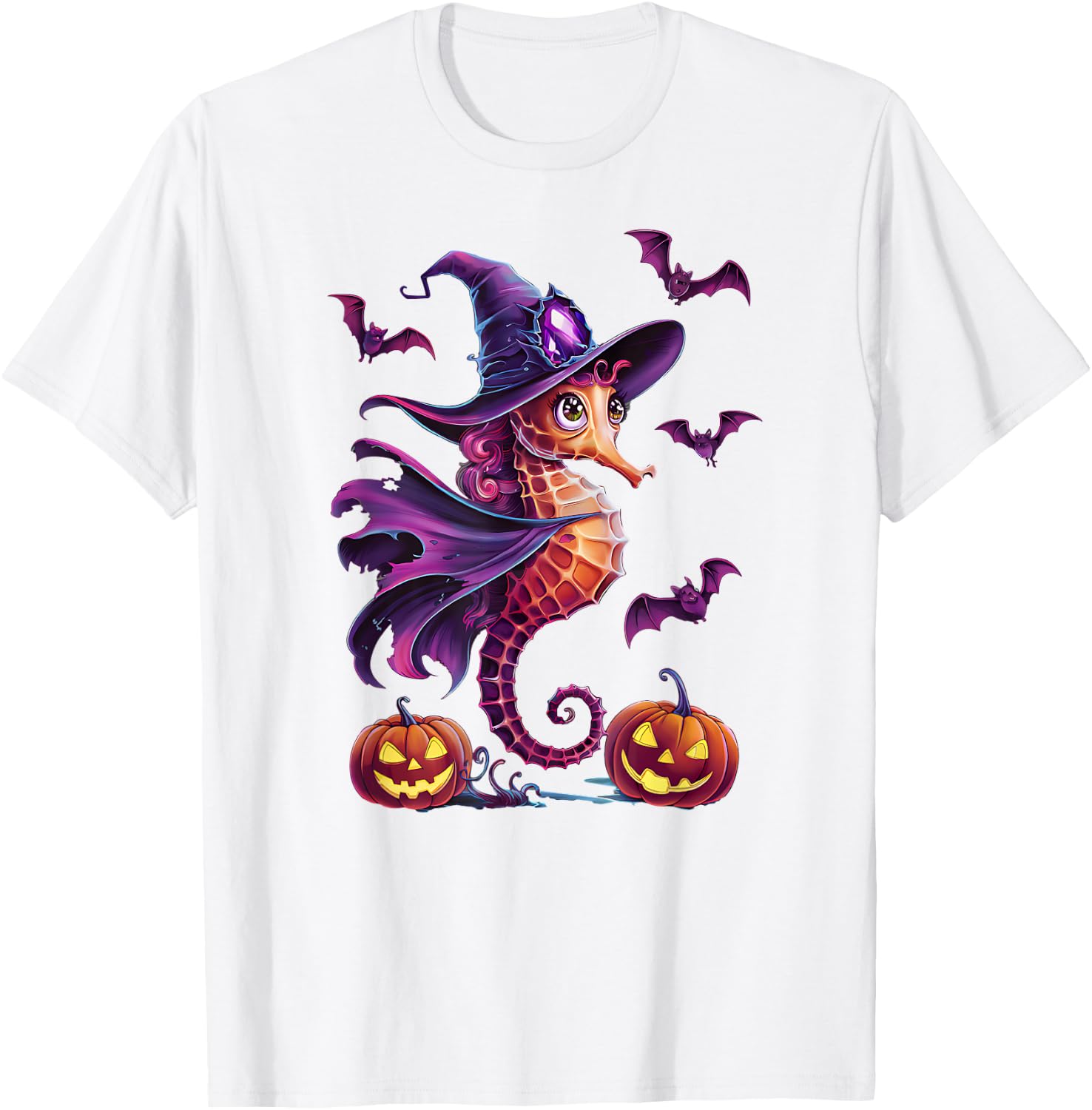 Aquarium Fish Tank Magical Seahorse with Halloween Pumpkins T-Shirt - T-Shirt | White