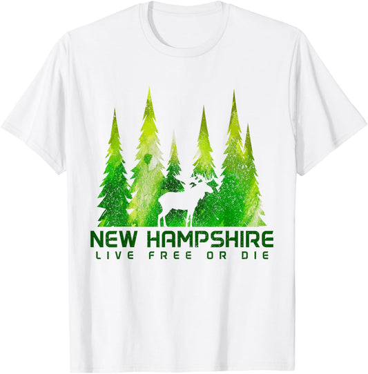 New Hampshire Live Free Or Die Moose Nature Lover Green T-Shirt - T-Shirt | White