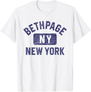 Bethpage NY New York Gym Style Distressed Dark Blue Print T-Shirt - T-Shirt | White