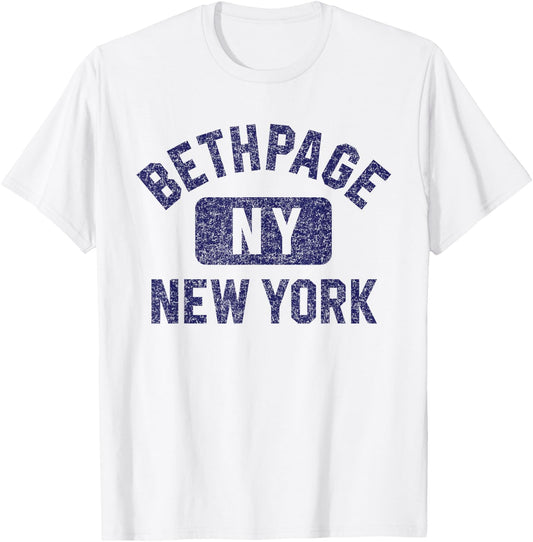 Bethpage NY New York Gym Style Distressed Dark Blue Print T-Shirt - T-Shirt | White