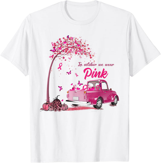 In October We Wear Pink Truck Breast Cancer Awareness Gifts T-Shirt - T-Shirt | White