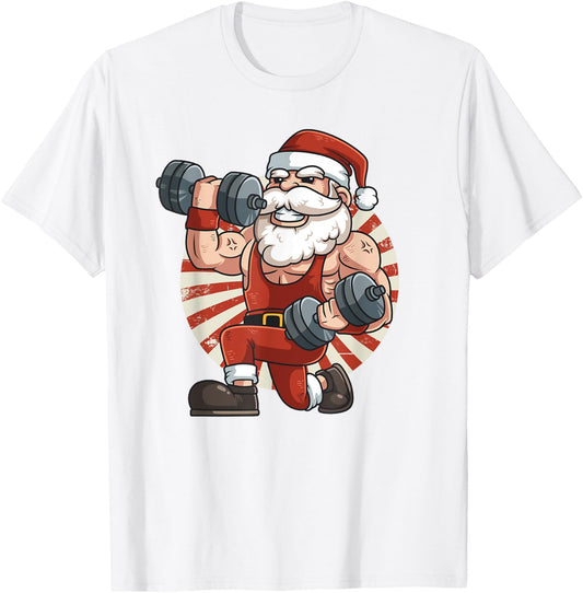 Santa Claus Weightlifting Gym Fitness Training Christmas T-Shirt - T-Shirt | White