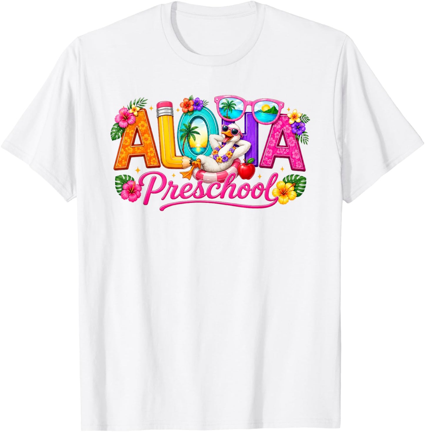 Aloha Preschool Tropical Floral Silly Goose Back to School T-Shirt - T-Shirt | White