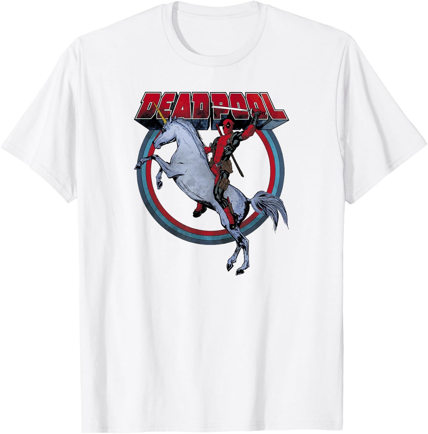 Marvel Deadpool Riding A Unicorn Circle Graphic C2 T-Shirt - T-Shirt | White