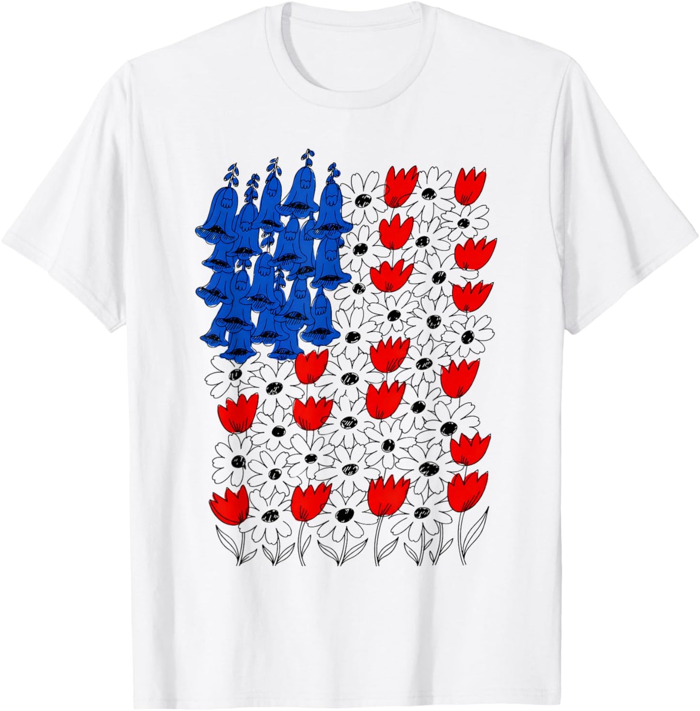 Fourth of July Foxglove Daisy Tulip Floral American Flag T-Shirt - T-Shirt | White