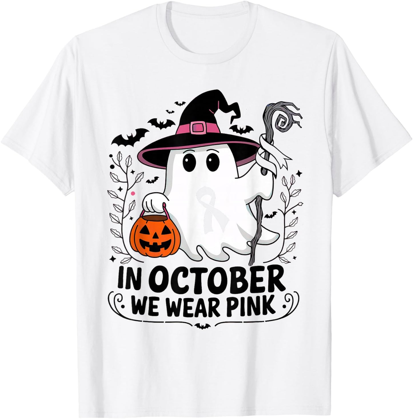 In October We Wear Pink Breast Cancer Awareness Halloween T-Shirt - T-Shirt | White
