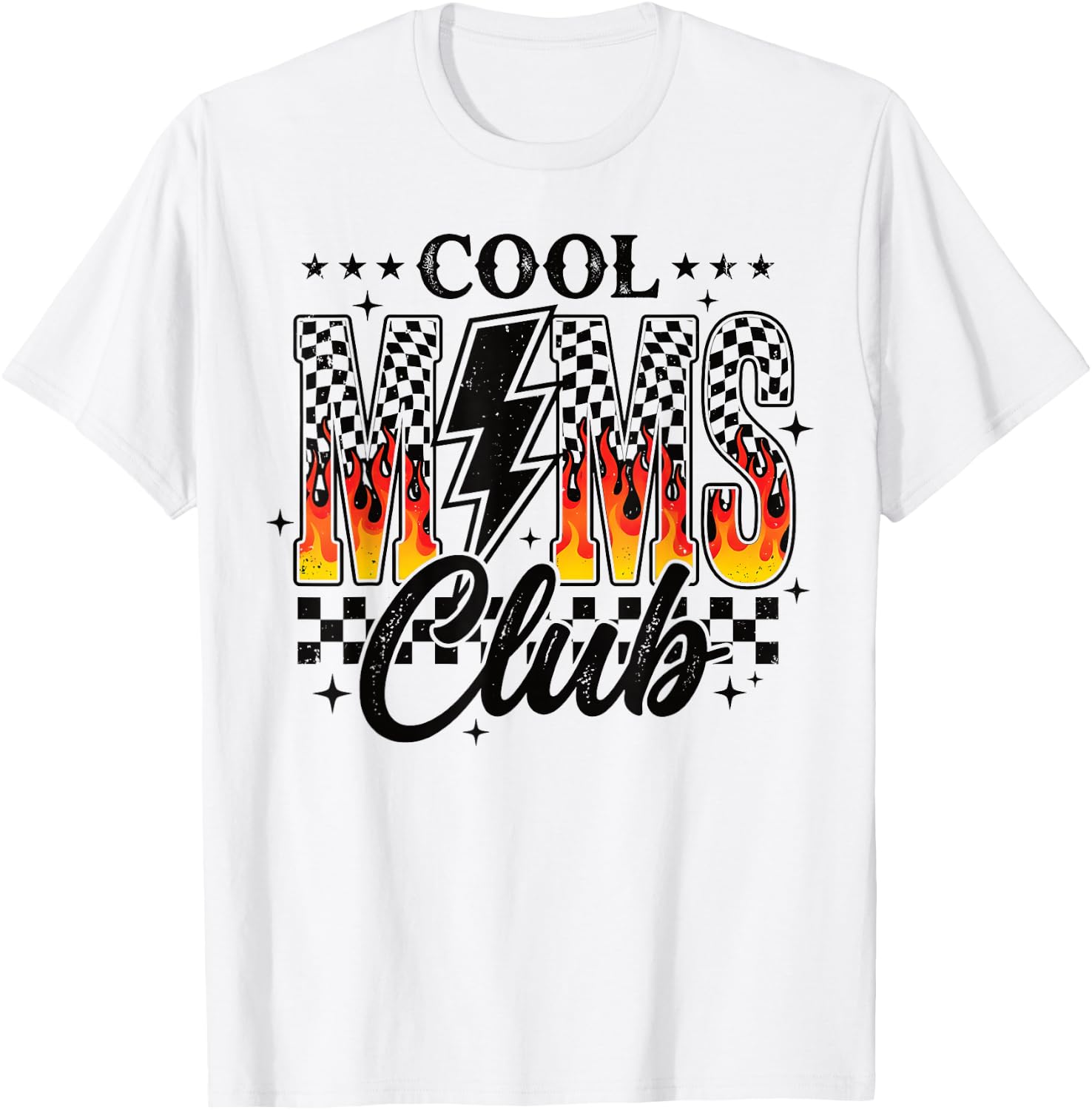 Cool Moms Club Checkered Lightning Flame Retro Trendy Mom T-Shirt - T-Shirt | White