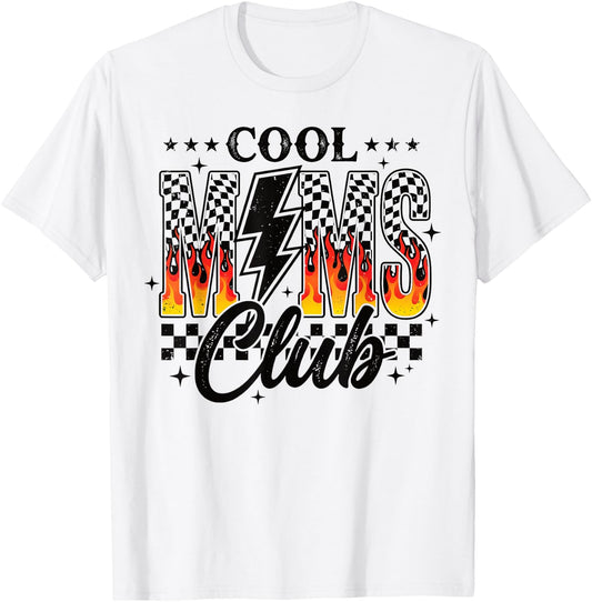 Cool Moms Club Checkered Lightning Flame Retro Trendy Mom T-Shirt - T-Shirt | White