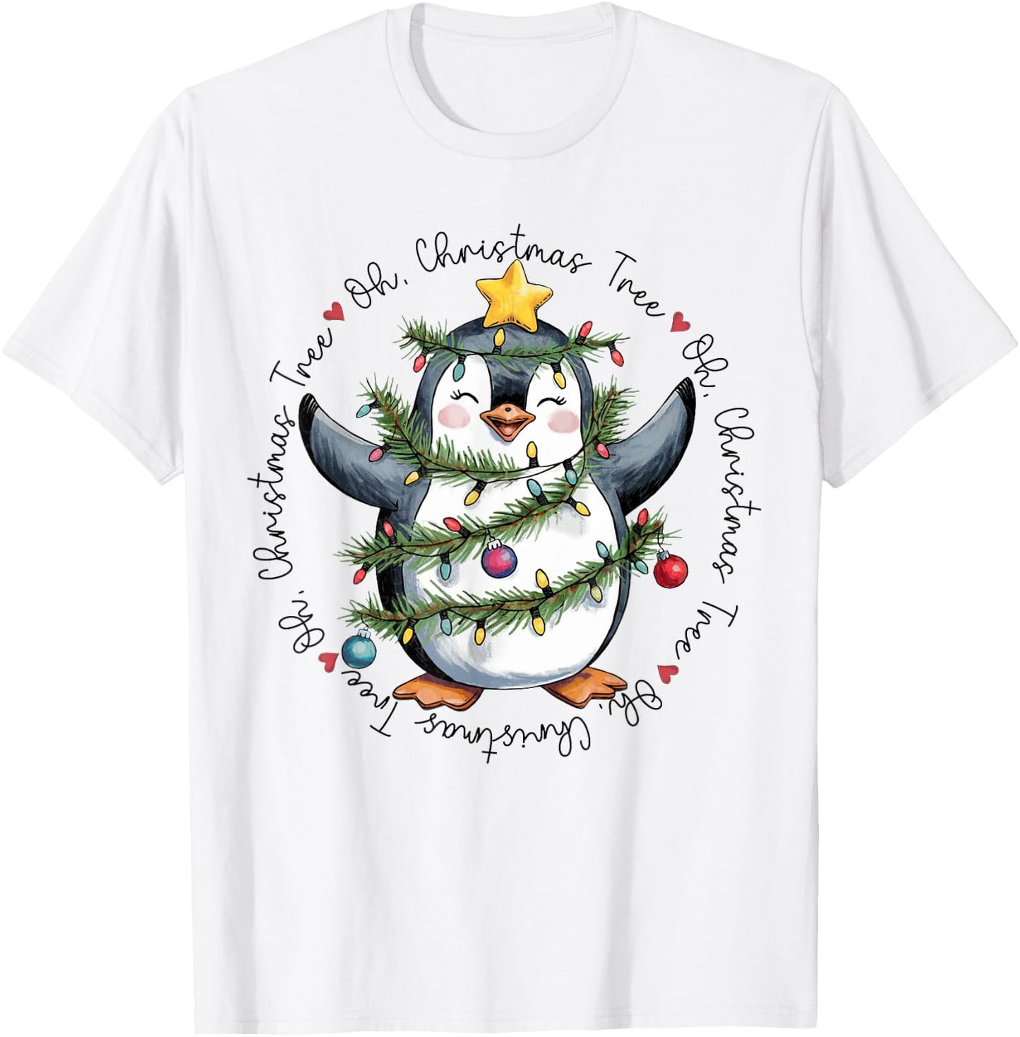 Oh Christmas Tree Xmas Lights Cute Penguin Women Girls T-Shirt - T-Shirt | White