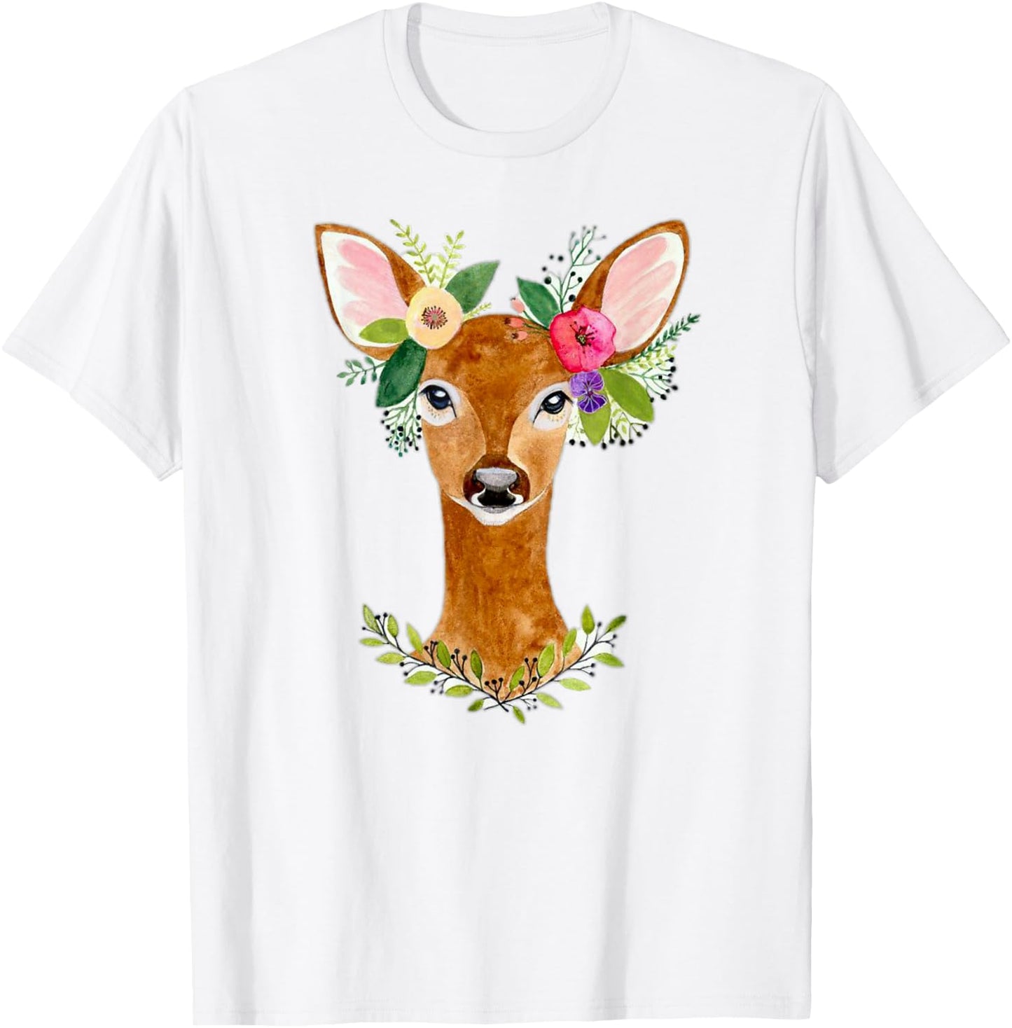 Lovely Doe Boho Nature Floral Art Deer Artwork T-Shirt - T-Shirt | White