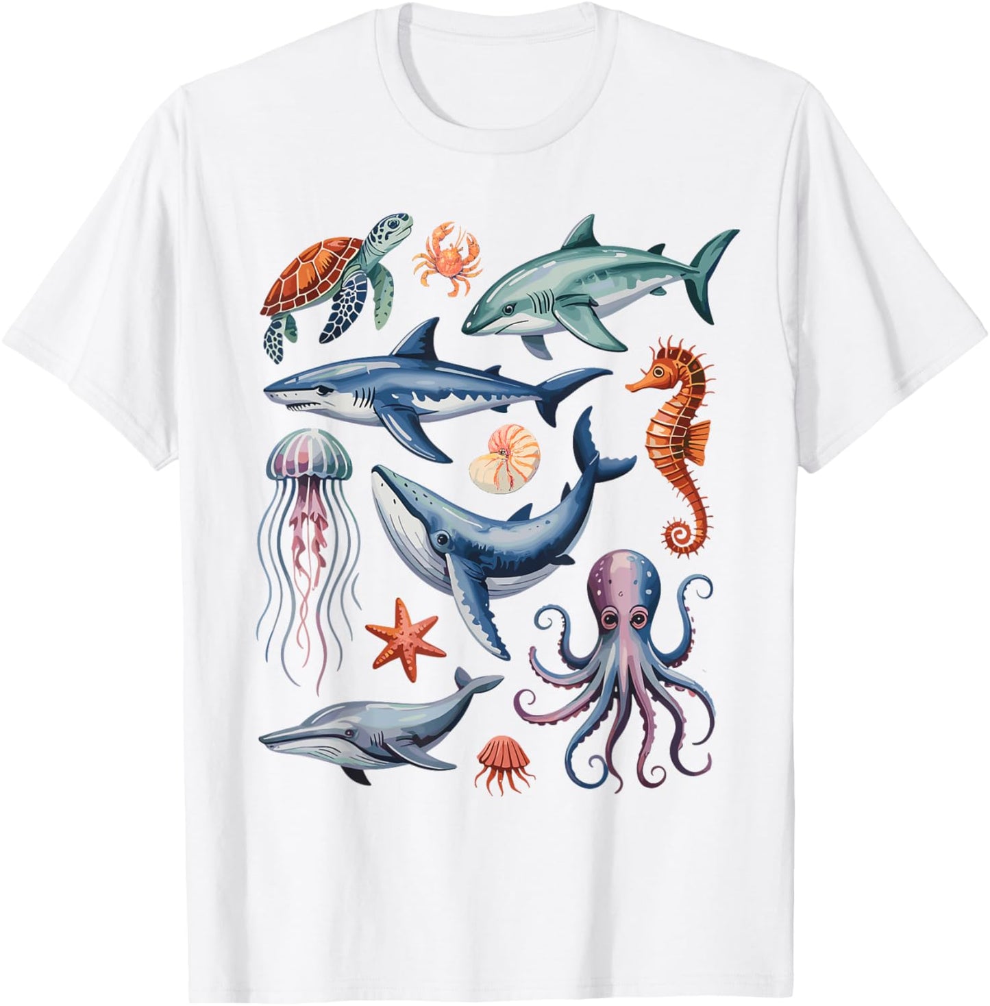 Ocean Life Sea Creatures Collage Kids Marine Animals Shark T-Shirt - T-Shirt | White