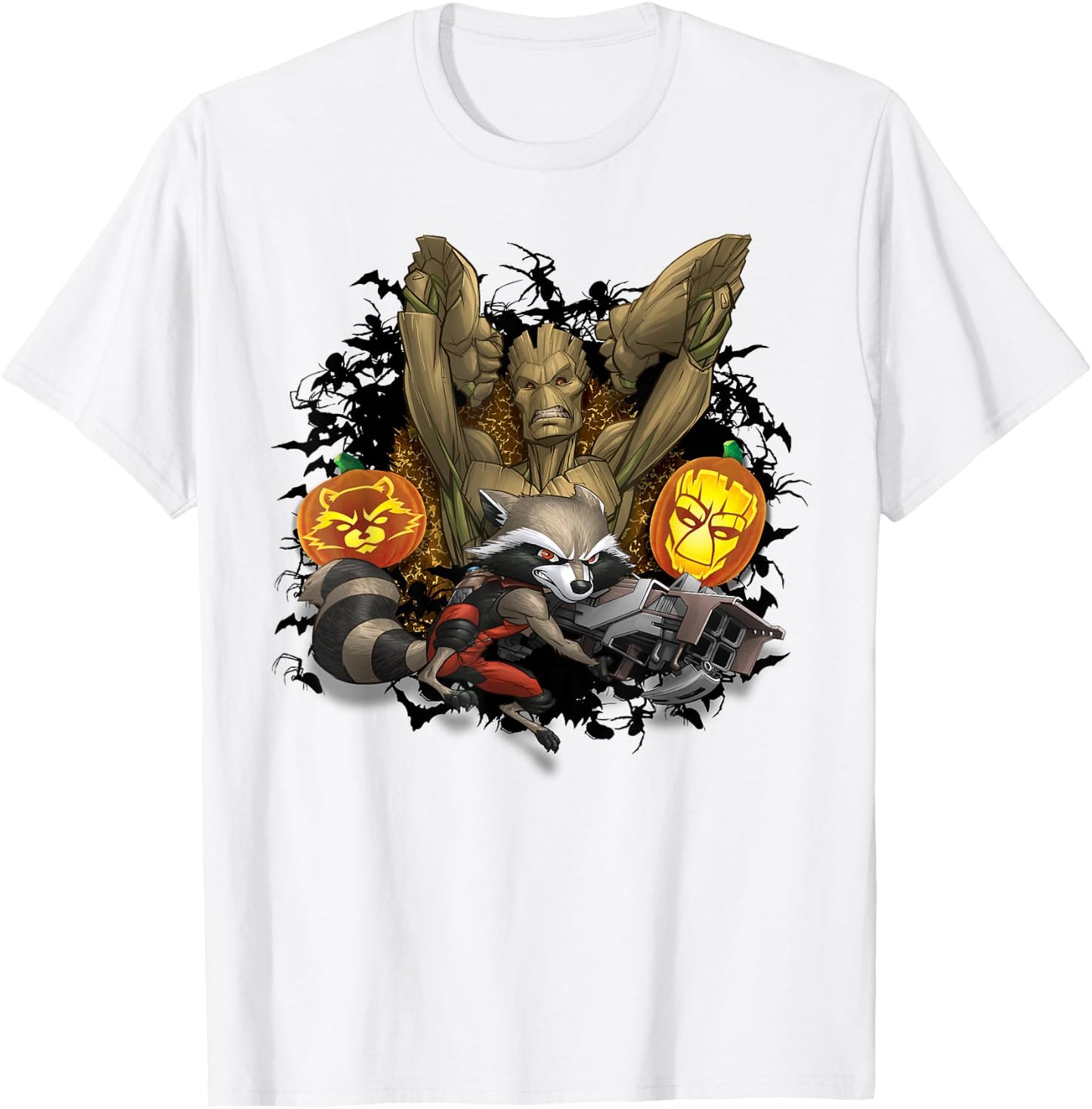 Marvel Groot and Rocket Raccoon Jack-o'-Lantern Halloween T-Shirt - T-Shirt | White