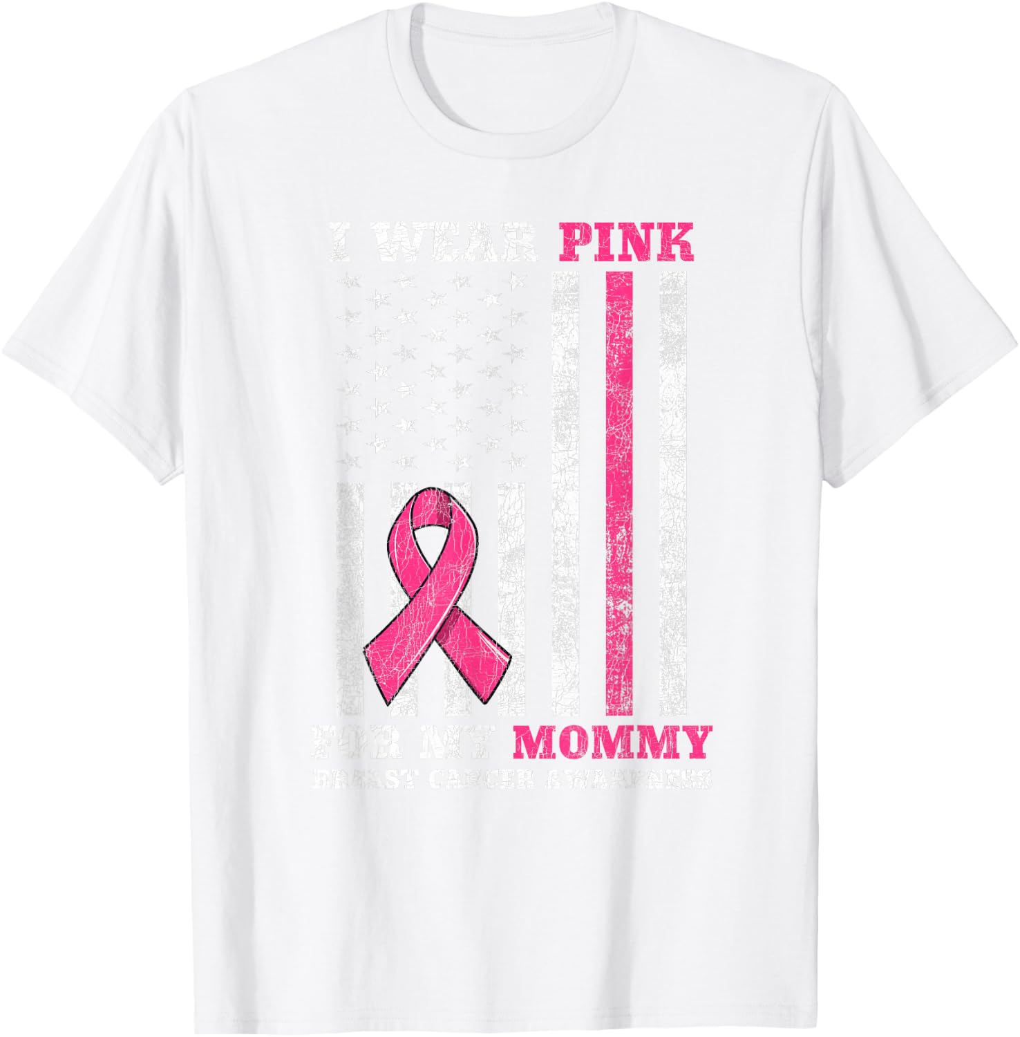Breast Cancer Pink Ribbon Mom American US Flag Men Women T-Shirt - T-Shirt | White