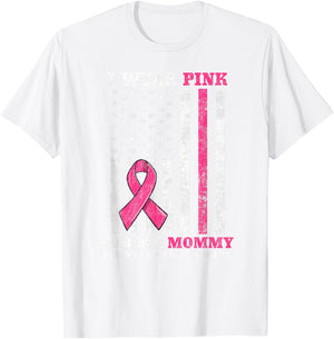 Breast Cancer Pink Ribbon Mom American US Flag Men Women T-Shirt - T-Shirt | White