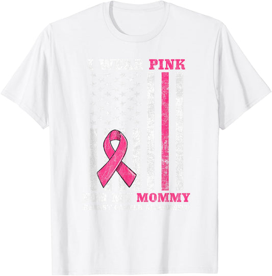 Breast Cancer Pink Ribbon Mom American US Flag Men Women T-Shirt - T-Shirt | White