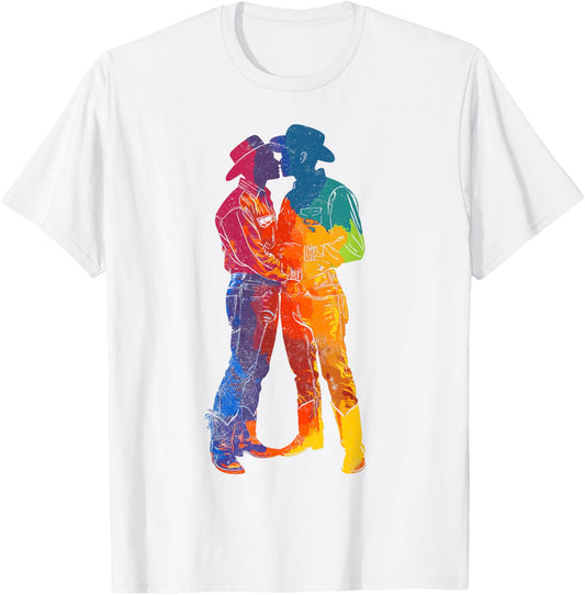 Gay Kissing Cowboys Rainbow Pride T-Shirt - T-Shirt | White