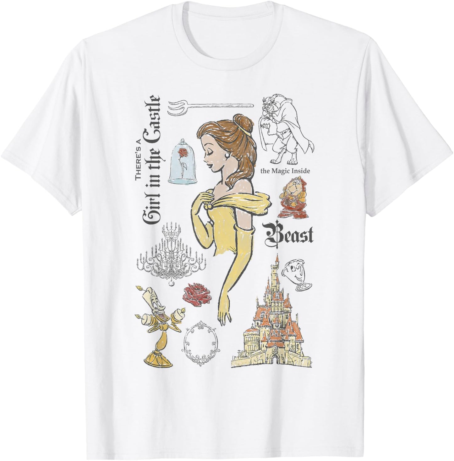 Disney Beauty and The Beast Characters Sketched T-Shirt - T-Shirt | White