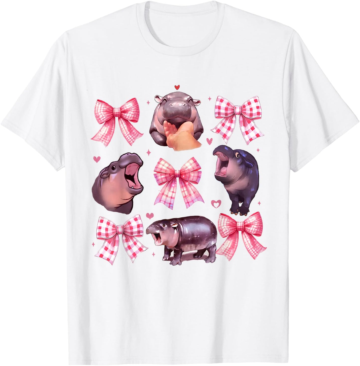 Moo Deng Baby Pink Coquette Pygmy Hippo Cute Coquette Bows T-Shirt - T-Shirt | White