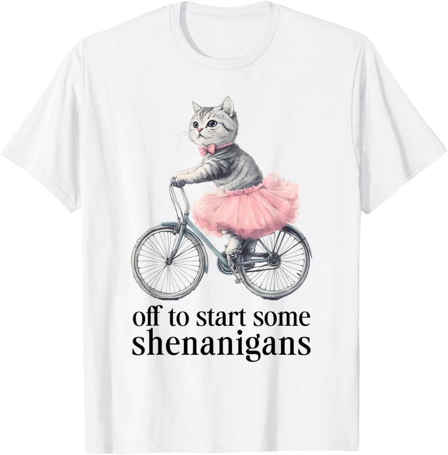 Off to Start Some Shenanigans Funny Cat Riding Bicycle Art T-Shirt - T-Shirt | White