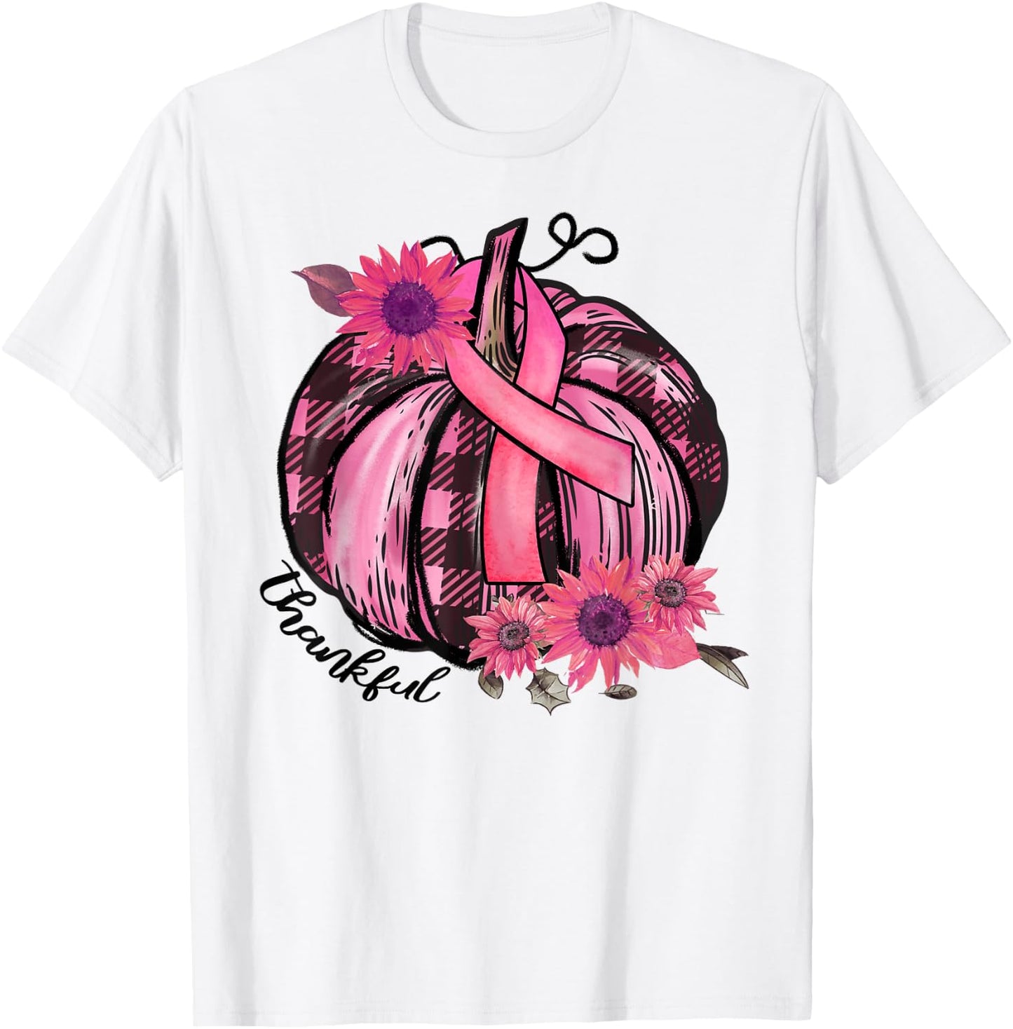 Thankful Pink Pumpkin Sunflower Breast Cancer Awareness Gift T-Shirt - T-Shirt | White