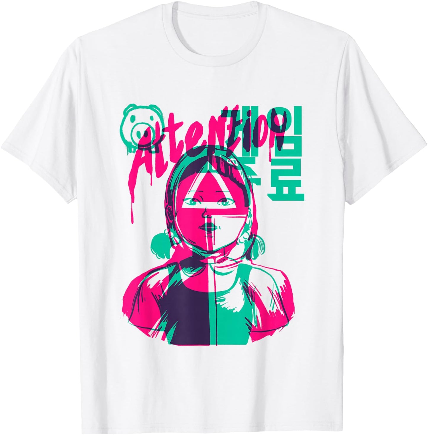 Squid Game 2 Attention Dripping Paint Neon Doll Portrait T-Shirt - T-Shirt | White