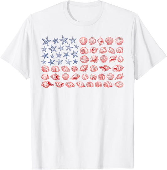 Seashell USA Flag 4th of July Women Kids Summer T-Shirt - T-Shirt | White