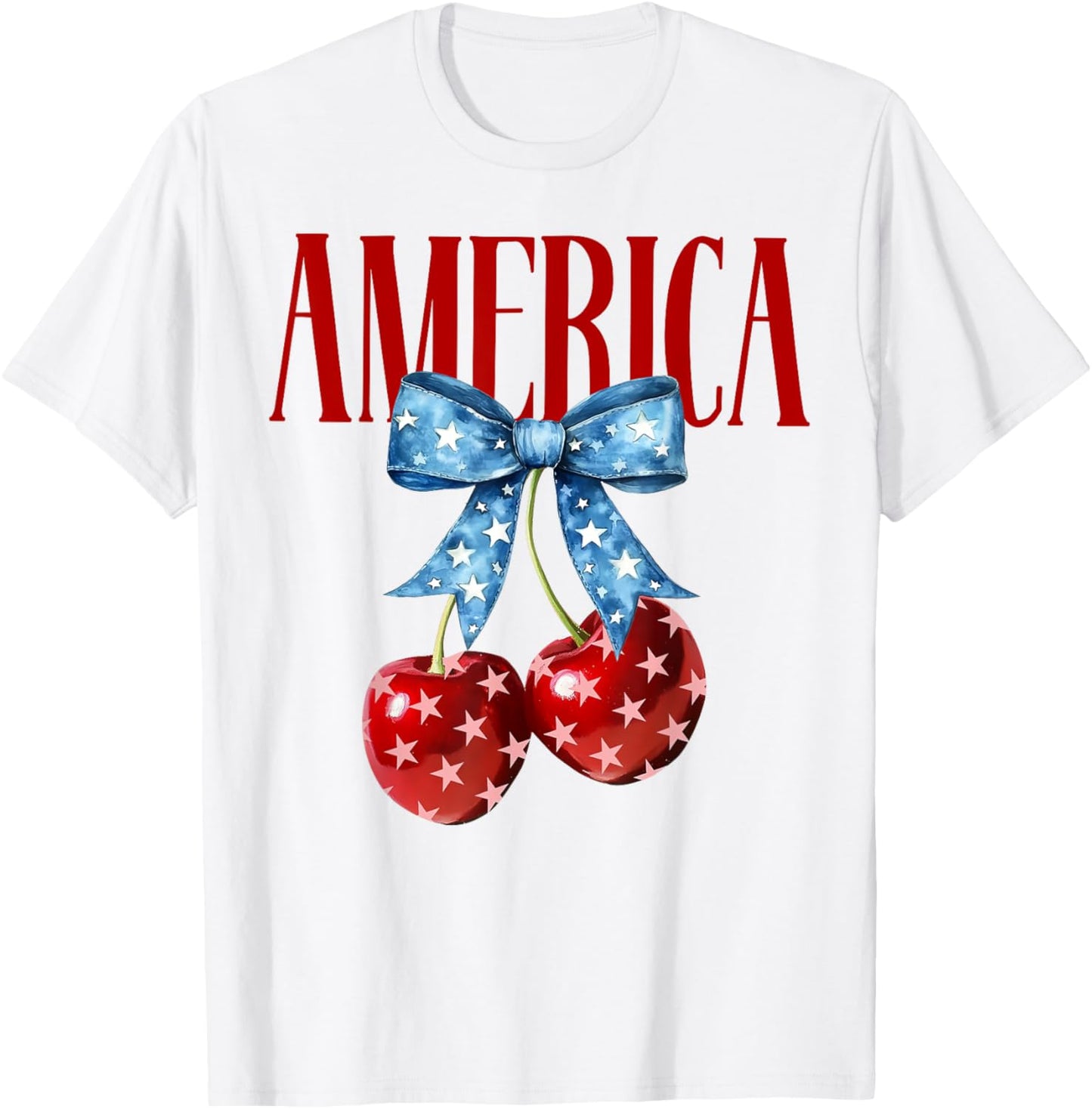Groovy America Coquette Bow Cherry 4th Of July America Flag T-Shirt - T-Shirt | White