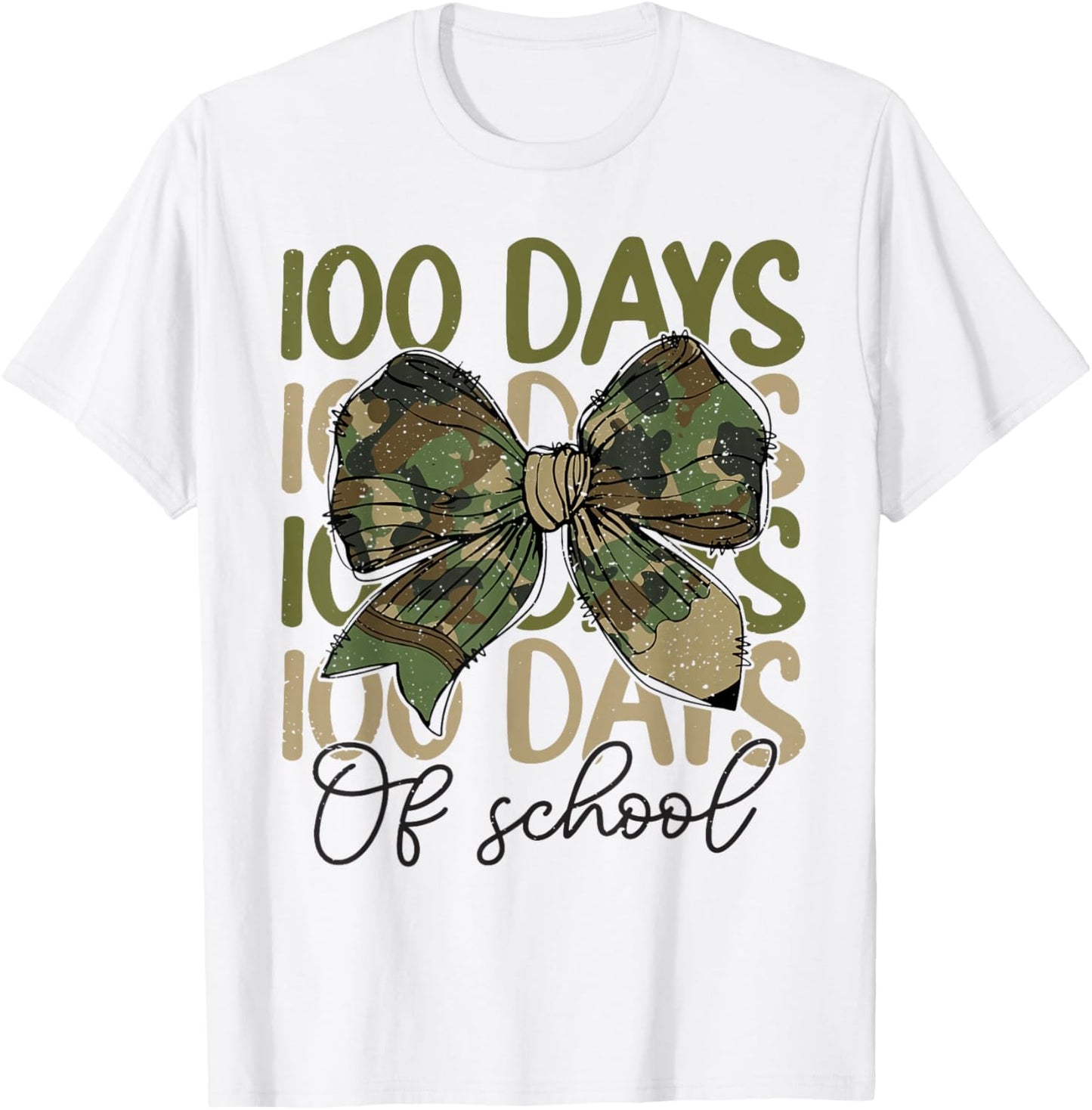100 Days Of School Camo Coquette Bow Pencil Teacher Student T-Shirt - T-Shirt | White
