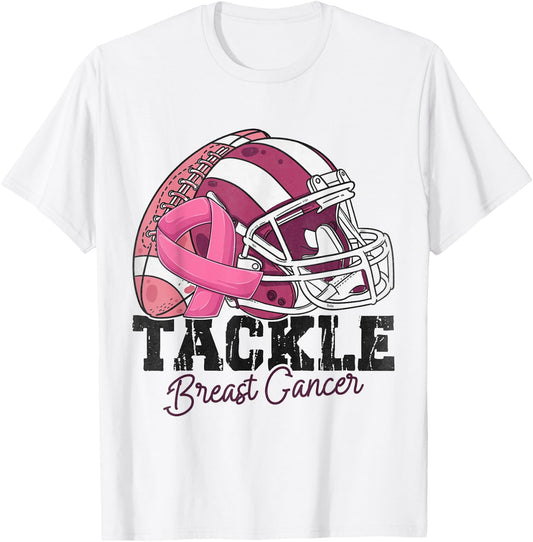 Tackle Football Pink Ribbon Breast Cancer Awareness Women T-Shirt - T-Shirt | White