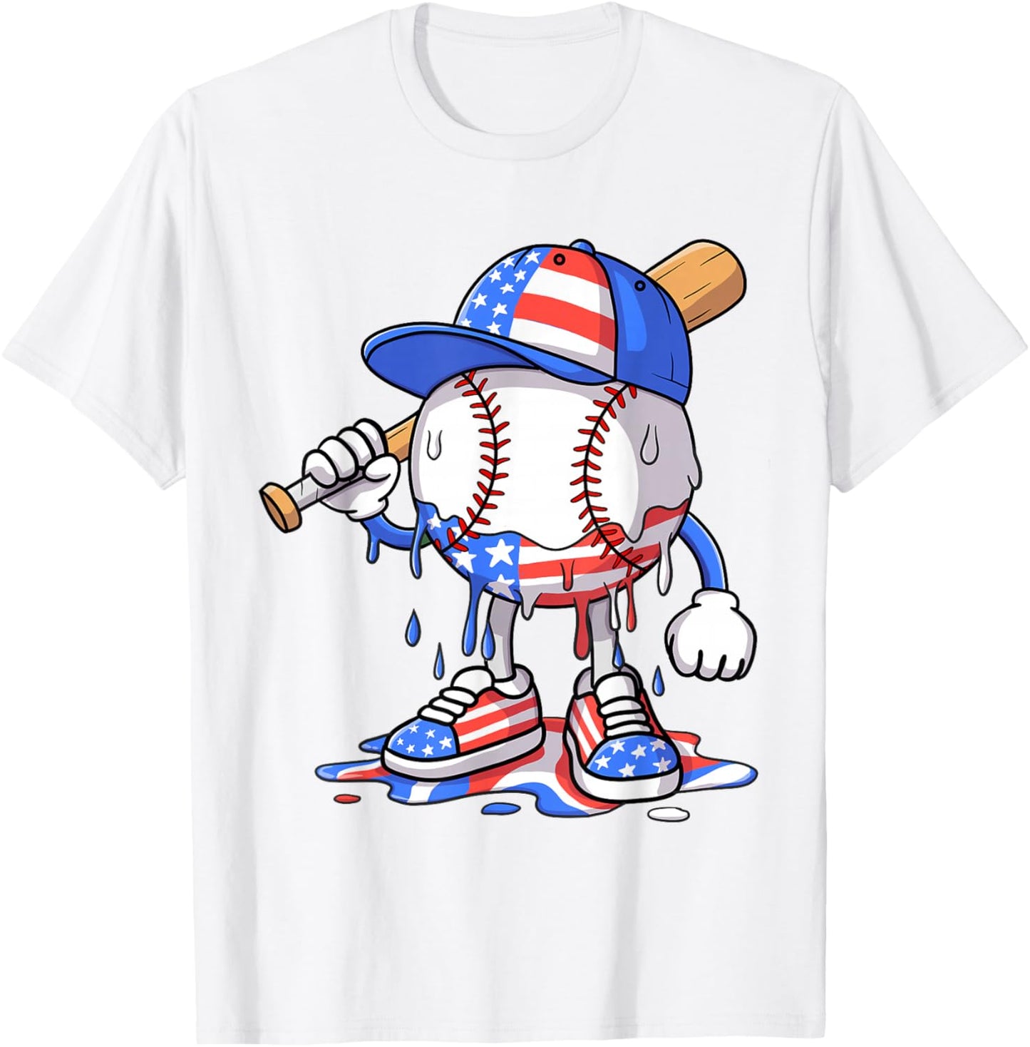 Boys 4th of July USA American Flag Baseball Ice Cream Drip T-Shirt - T-Shirt | White