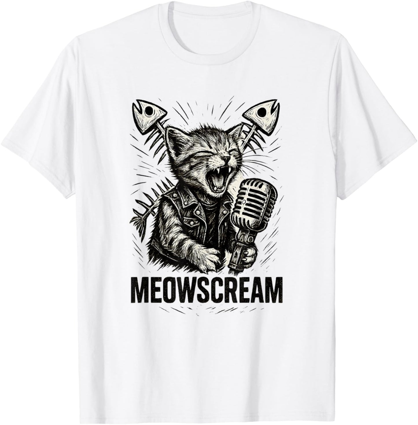 Fierce Kitten Battle Vest Monochrome Microphone Scream Rock T-Shirt - T-Shirt | White