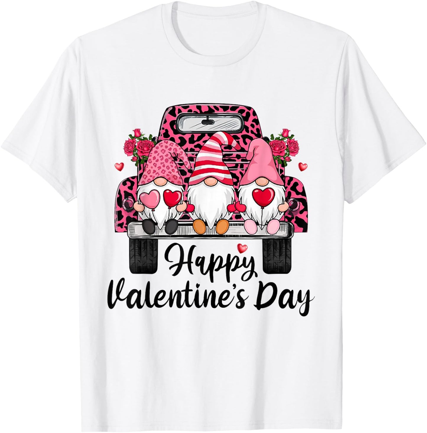 Three Gnomes and Leopard Truck Happy Valentine's Day T-Shirt - T-Shirt | White