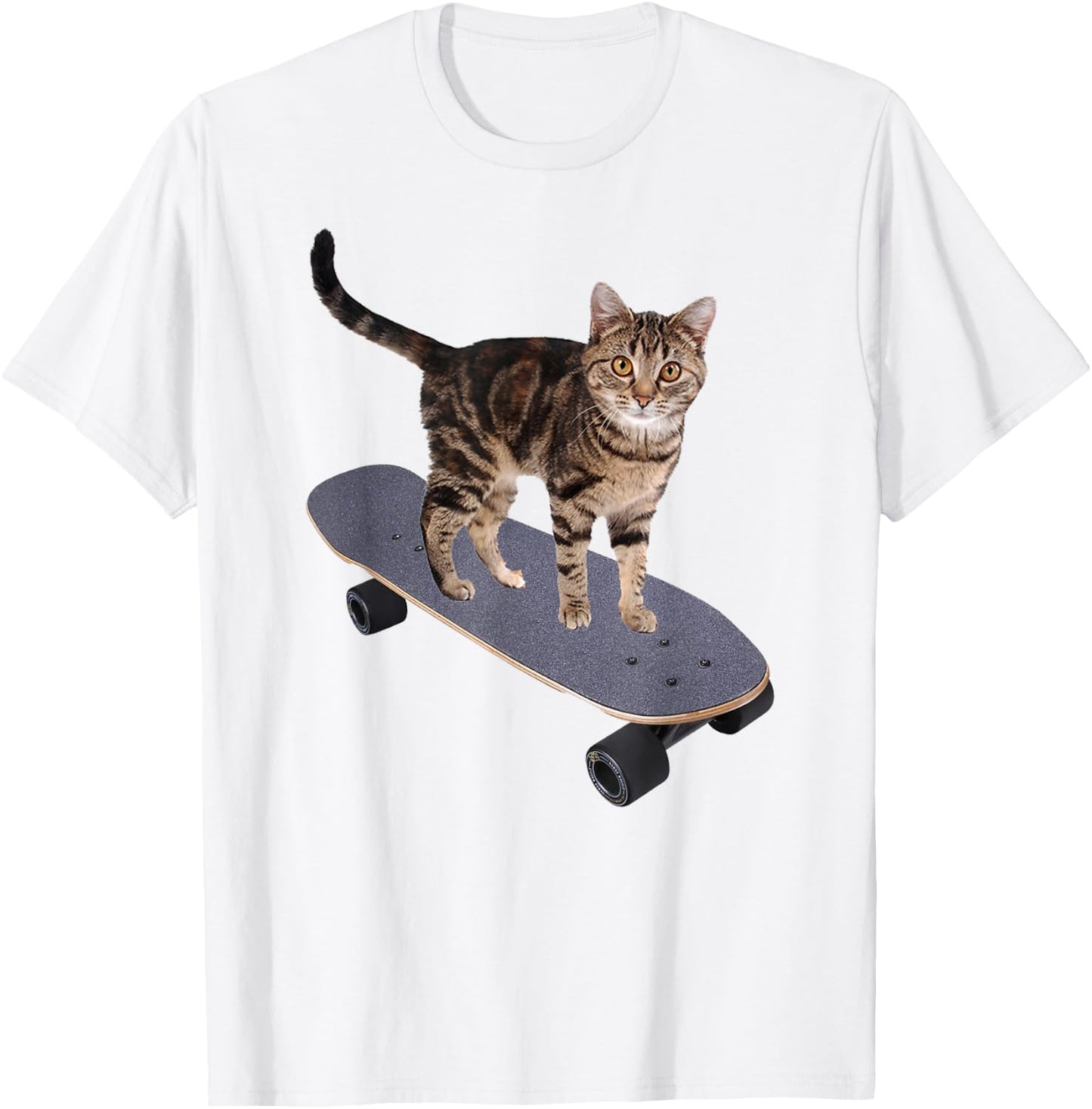 Cat on Skateboard Funny Gray Tabby Kitty Women Girls Kids T-Shirt - T-Shirt | White