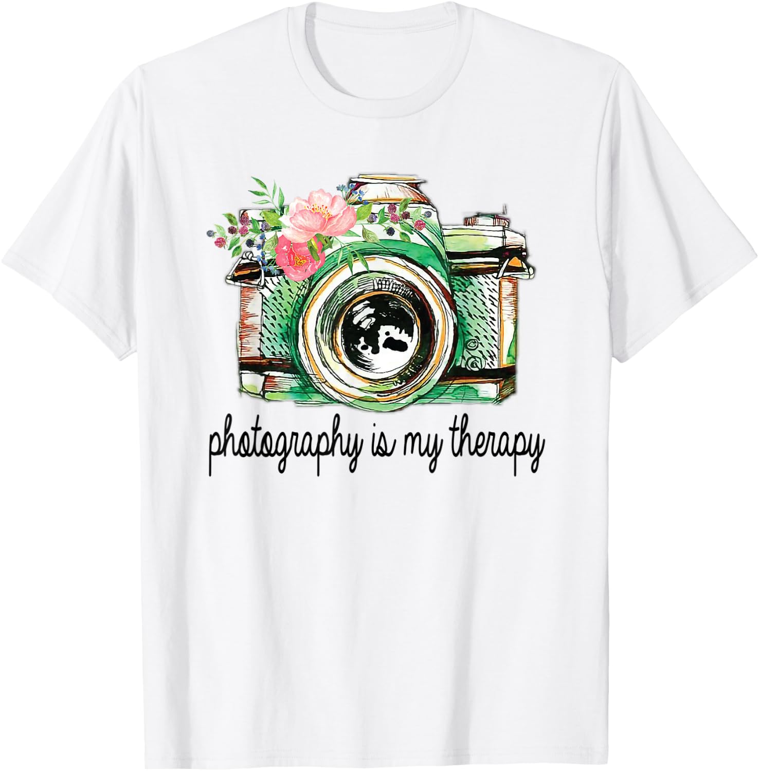 Photography Is My Therapy Vintage Camera With Flowers T-Shirt - T-Shirt | White